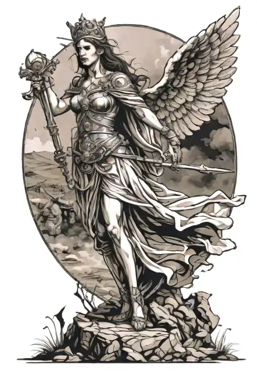 Tyche the goddess standing in a battle pose with a battlefield in the background tattoo design idea