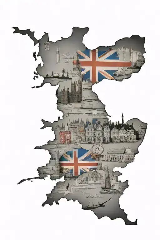Cut out of England with all major landmarks in the country tattoo design idea