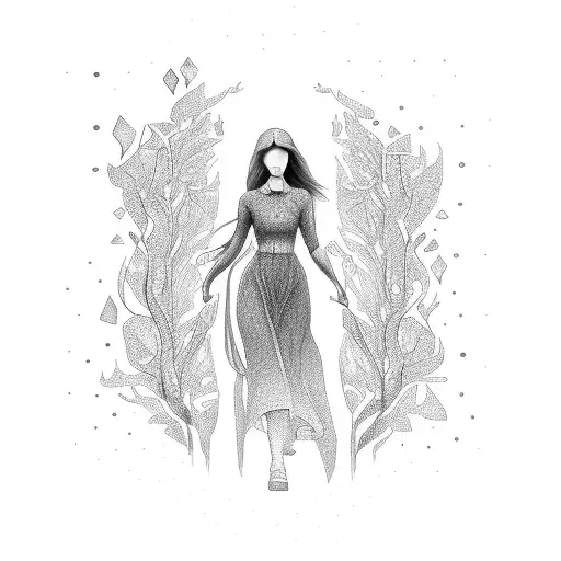 illuminated woman walking on a path tattoo design idea