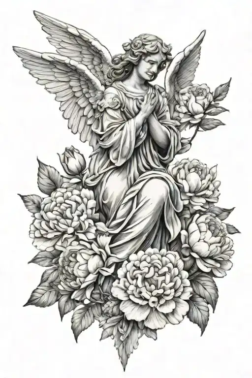 angel statue with peonies blooming tattoo design idea