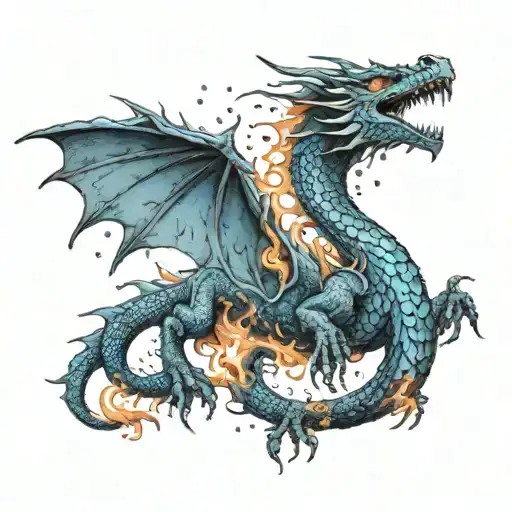 a dragón burned in blue fire tattoo design idea