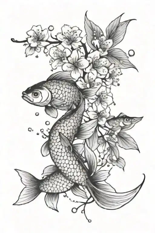 cherry blossom branch that fades to goldfish swimming tattoo design idea