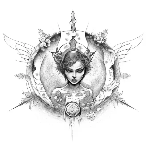 fallen angel, flowers, hearth pierced with a dagger, moon phases, neck tattoo tattoo design idea