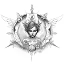 fallen angel, flowers, hearth pierced with a dagger, moon phases, neck tattoo tattoo design idea