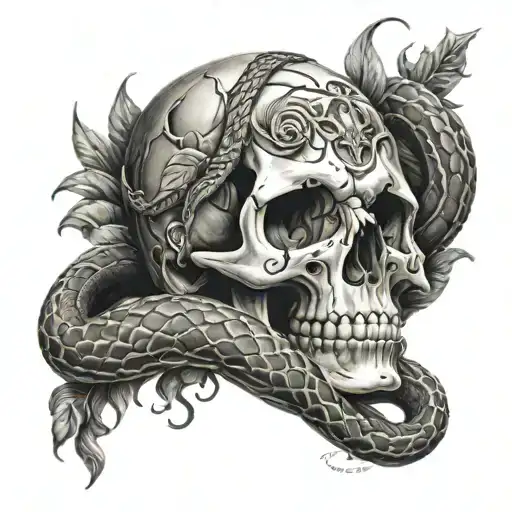 skull and snake wrapping tattoo design idea
