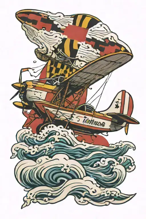 seaplane, waves, Maryland flag, esse quam videri intertwined  tattoo design idea
