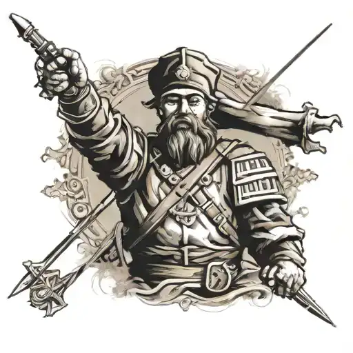urkain cossack with saber and flag tattoo design idea