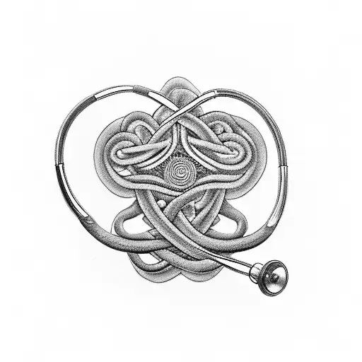 An intricate black-grey tattoo of a stethoscope intertwined with a mountain range, representing the client's passion for both medicine and nature tattoo design idea