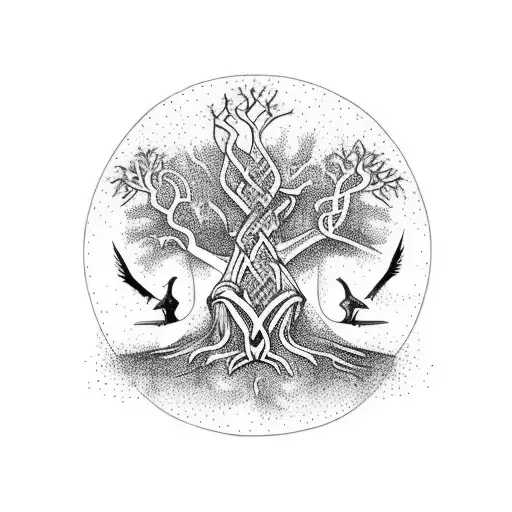 norse yggdrasil tree with 2 large ravens. Arm tattoo tattoo design idea