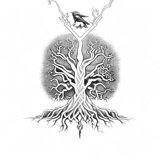 norse yggdrasil tree with 2 large ravens. Arm tattoo tattoo design idea