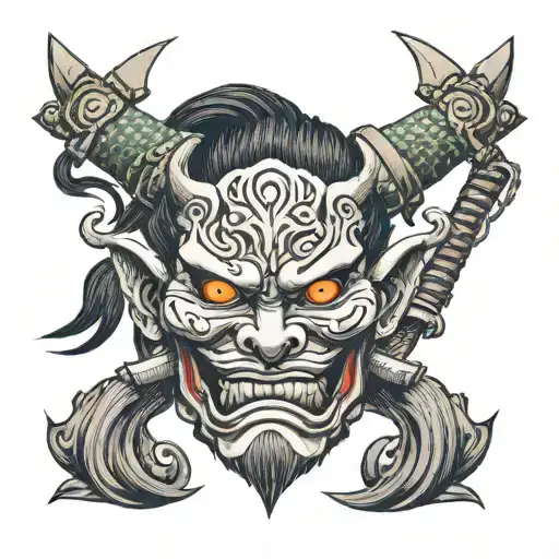 oni demon mask and katana tattoo design idea
