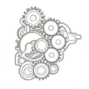 An abstract design of gears and pistons morphing into a roaring engine, symbolizing the connection between man and machine tattoo design idea