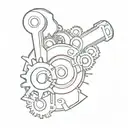 An abstract design of gears and pistons morphing into a roaring engine, symbolizing the connection between man and machine tattoo design idea