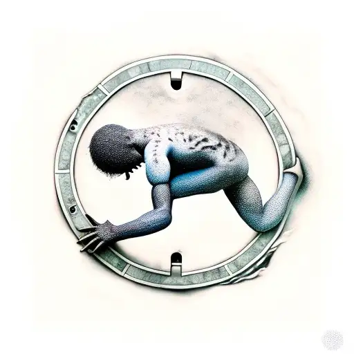 a mysterious human like living crawling out of a half opened manhole cover.  tattoo design idea
