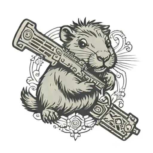 cute capybara holding in her hands an m16, looking evil tattoo design idea