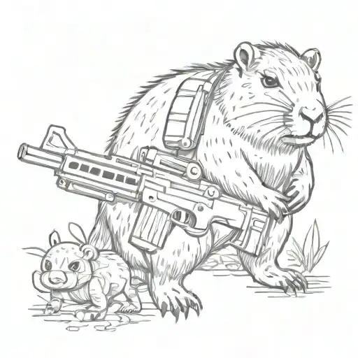 cute capybara holding M-8 Avenger assault rifle in her hands tattoo design idea