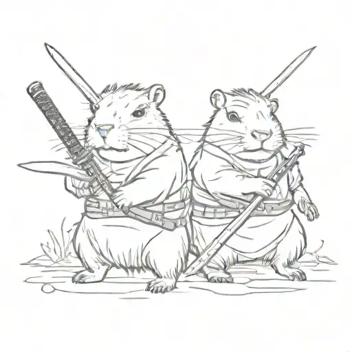cute capybara with a katana  in each hand  tattoo design idea