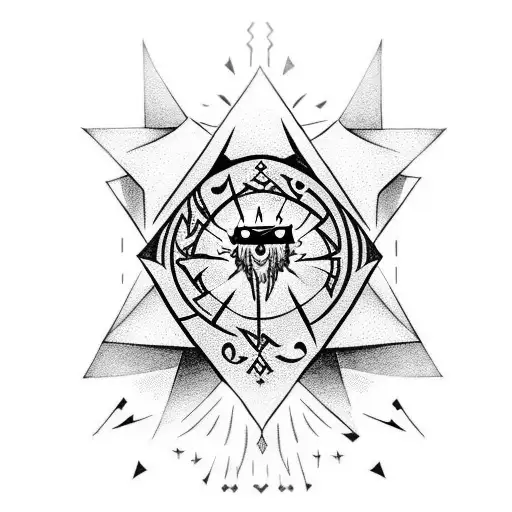 a hooded figure with runes on its cloak long ragged nails in front of a black sun tattoo design idea