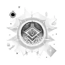 a hooded figure with runes on its cloak long ragged nails in front of a black sun tattoo design idea