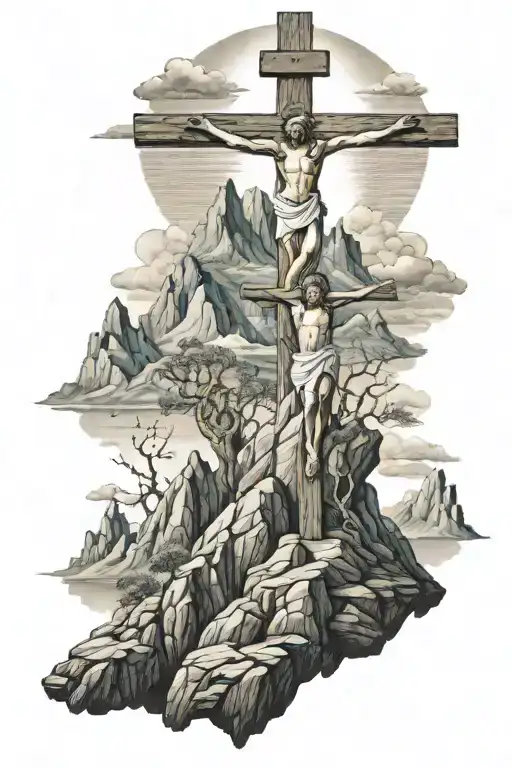jesus christ crucifixion on the mountain tattoo design idea