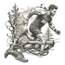 A trail runner leaping over a series of obstacles, representing the client's love for overcoming challenges in both running and life tattoo design idea