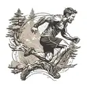 A trail runner leaping over a series of obstacles, representing the client's love for overcoming challenges in both running and life tattoo design idea