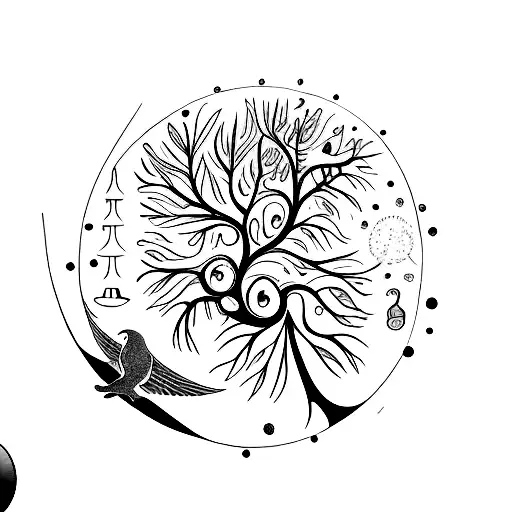 A playful design of a rum and coke bottle morphing into a whimsical tree with birds perched on its branches, symbolizing the client's love for both nature and their favorite drink tattoo design idea
