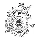 A playful design of a rum and coke bottle morphing into a whimsical tree with birds perched on its branches, symbolizing the client's love for both nature and their favorite drink tattoo design idea