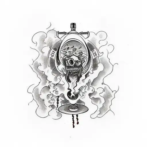 Vintage wine bottle with a hidden true crime scene inside tattoo design idea