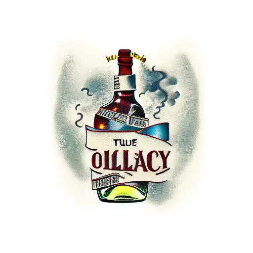 Vintage wine bottle with a hidden true crime scene inside tattoo design idea