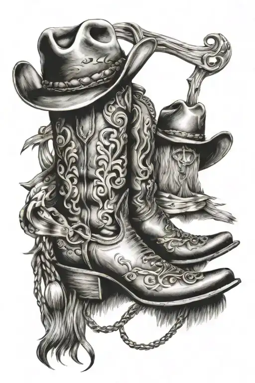 rustic Western cowboy boots and a cowboy hat intricate details tattoo design idea