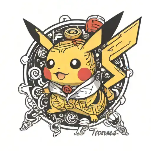 pikachu, black and white only, with the name Thomas written on the side, cute style, tattoo design idea
