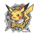 pikachu, black and white only, with the name Thomas written on the side, cute style, tattoo design idea