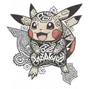 pikachu, black and white only, with the name Thomas written on the side, cute style, tattoo design idea