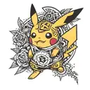 pikachu, black and white only, with the name Thomas written on the side, cute style, tattoo design idea