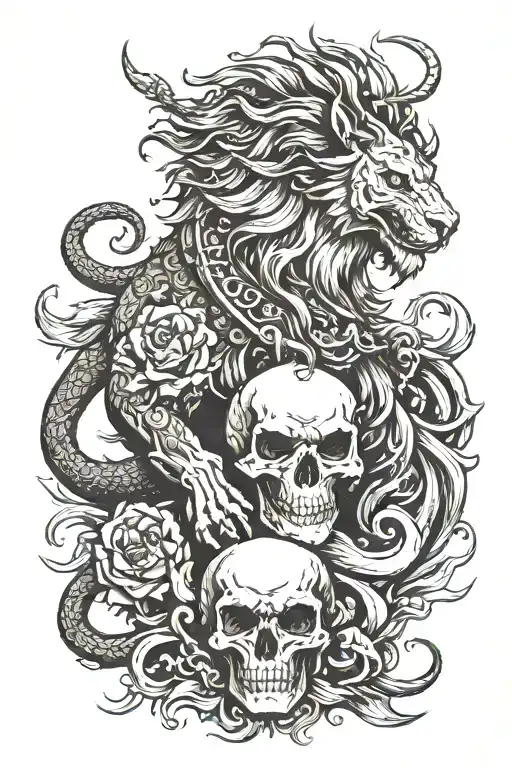 lion, dragon, skull, luck, tattoo design idea