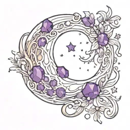 a crescent moon with amethyst crystals tattoo design idea