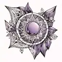an amethyst crescent moon surrounded by amethyst crystals tattoo design idea