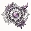 an amethyst crescent moon surrounded by amethyst crystals tattoo design idea