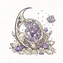 a crescent moon surrounded by amethyst crystals tattoo design idea