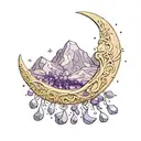 a crescent moon surrounded by amethyst crystals tattoo design idea