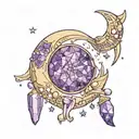 a crescent moon surrounded by amethyst crystals tattoo design idea