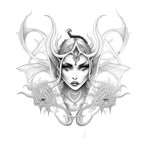 A detailed succubus tattoo with intricate line art tattoo design idea