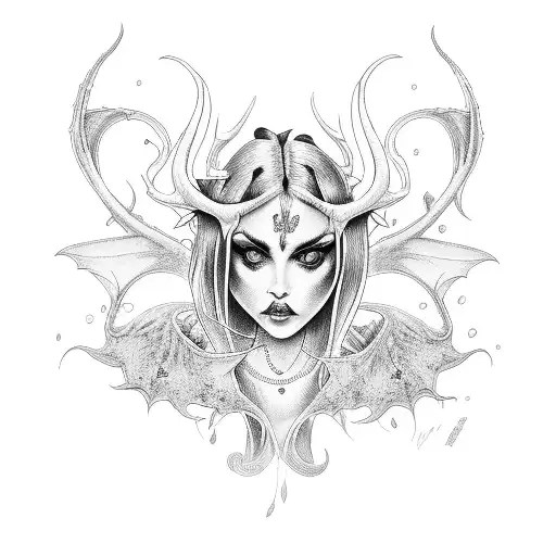 A detailed succubus tattoo with intricate line art tattoo design idea