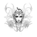A detailed succubus tattoo with intricate line art tattoo design idea