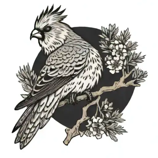 cockatiel and juniper tree branch tattoo design idea