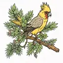 cockatiel and juniper tree branch tattoo design idea