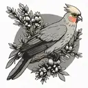 cockatiel and juniper tree branch tattoo design idea