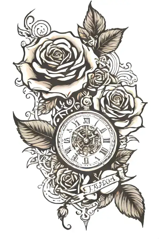 name Abel, roses and time  tattoo design idea
