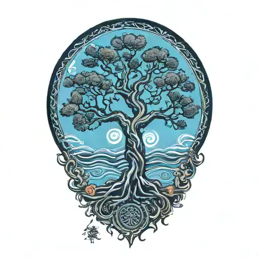 TREE OF LIFE WITH JAPANESE SUN  tattoo design idea